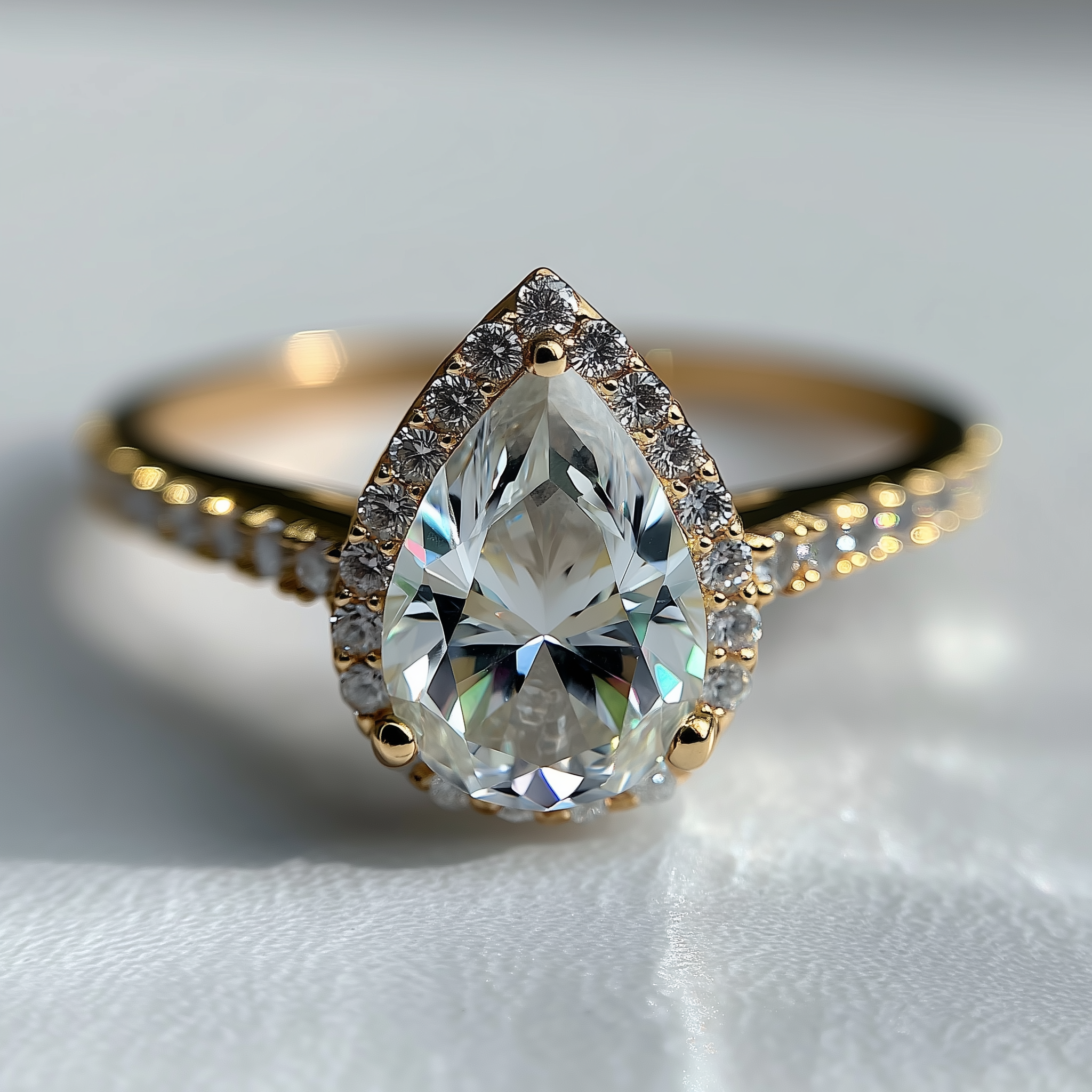 Gold ring with a large teardrop-shaped diamond on a light gray background