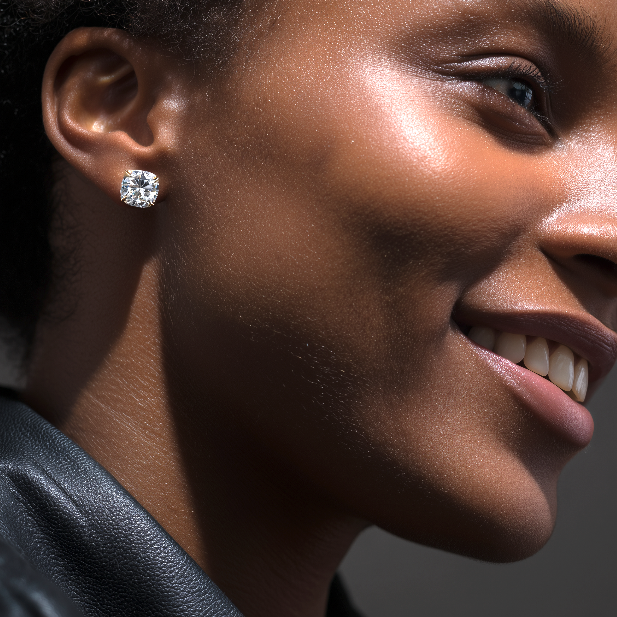 Close-up of a woman wearing diamond earrings with a neutral background