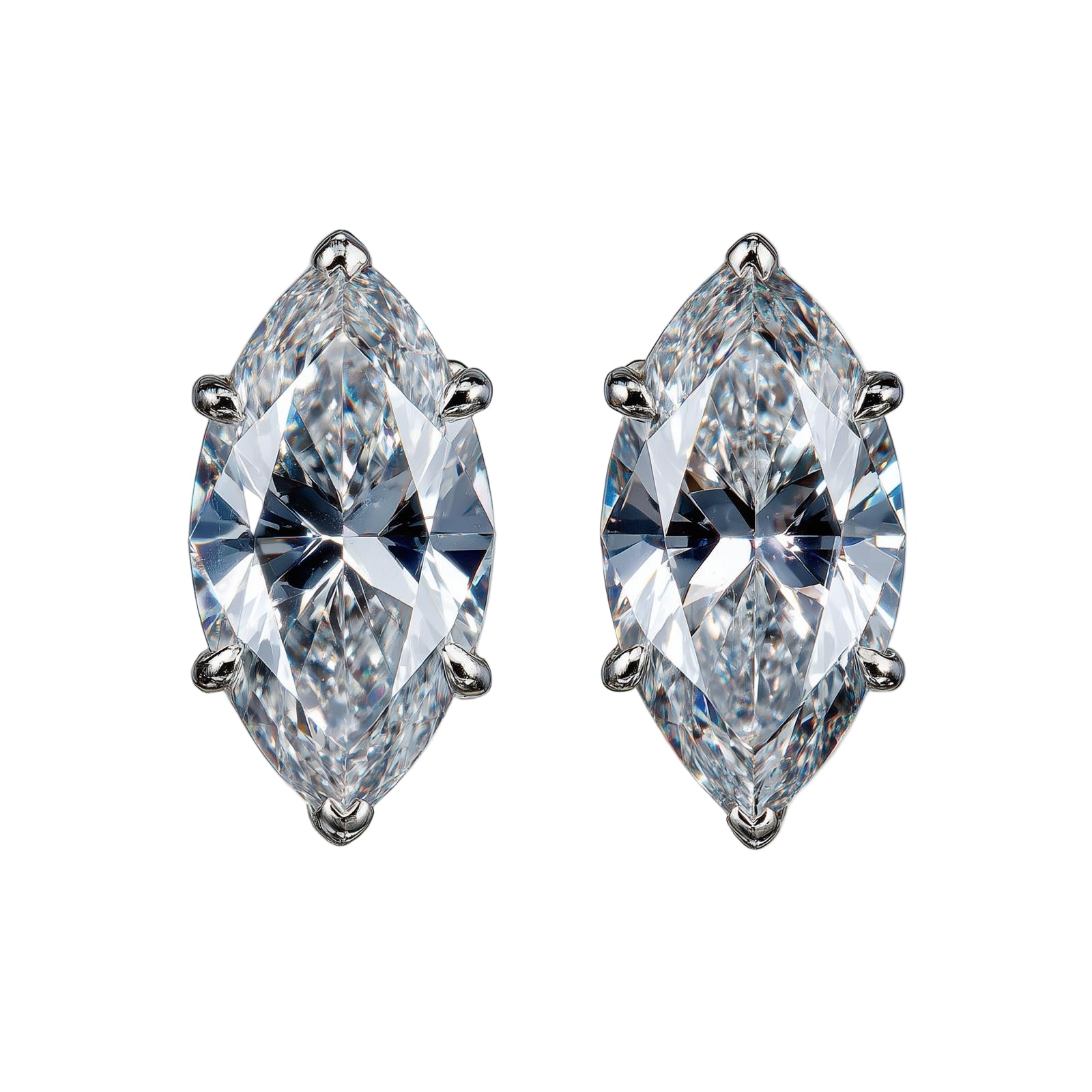 Pair of marquise-cut lab diamond earrings on a white background