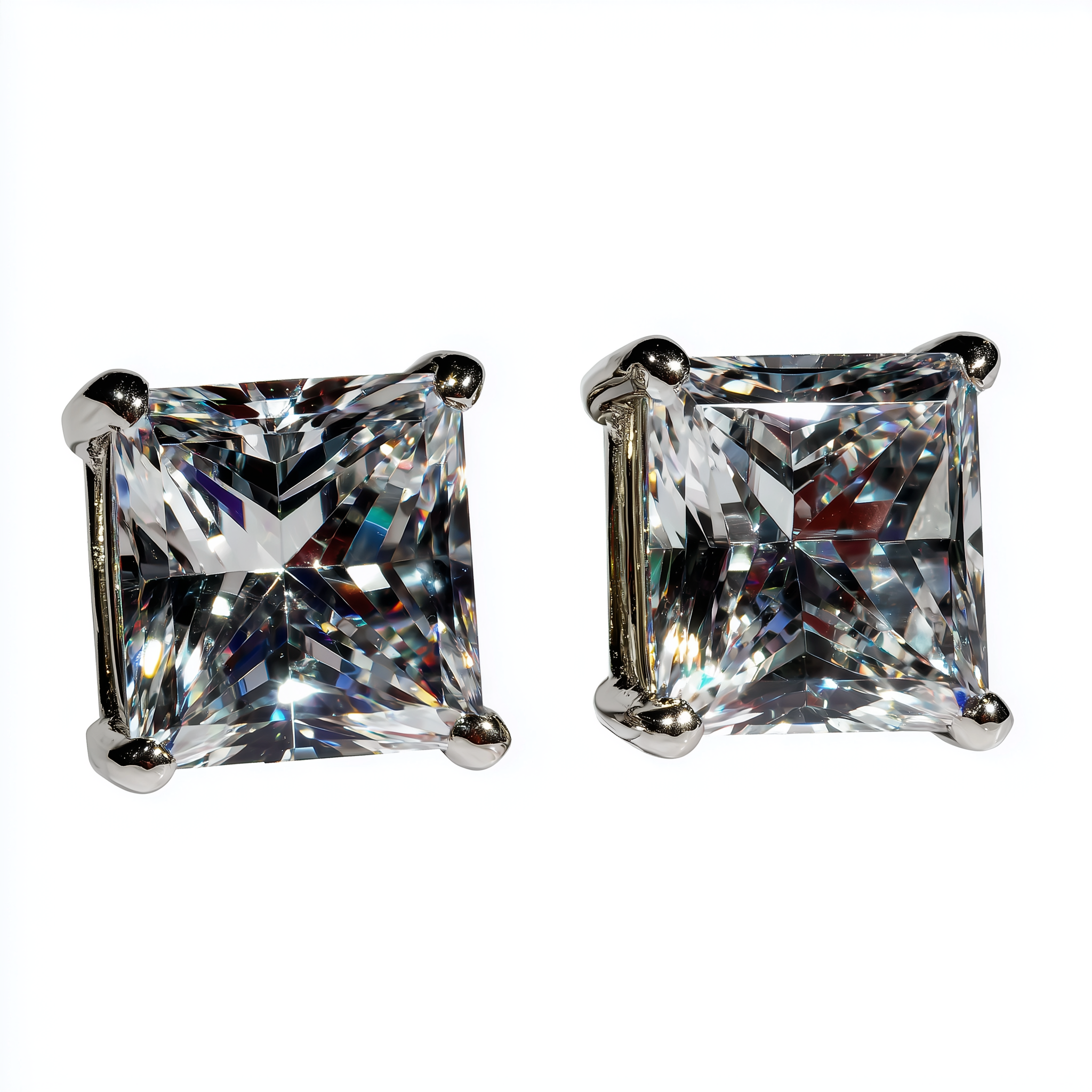 Pair of princess-cut diamond earrings on a white background