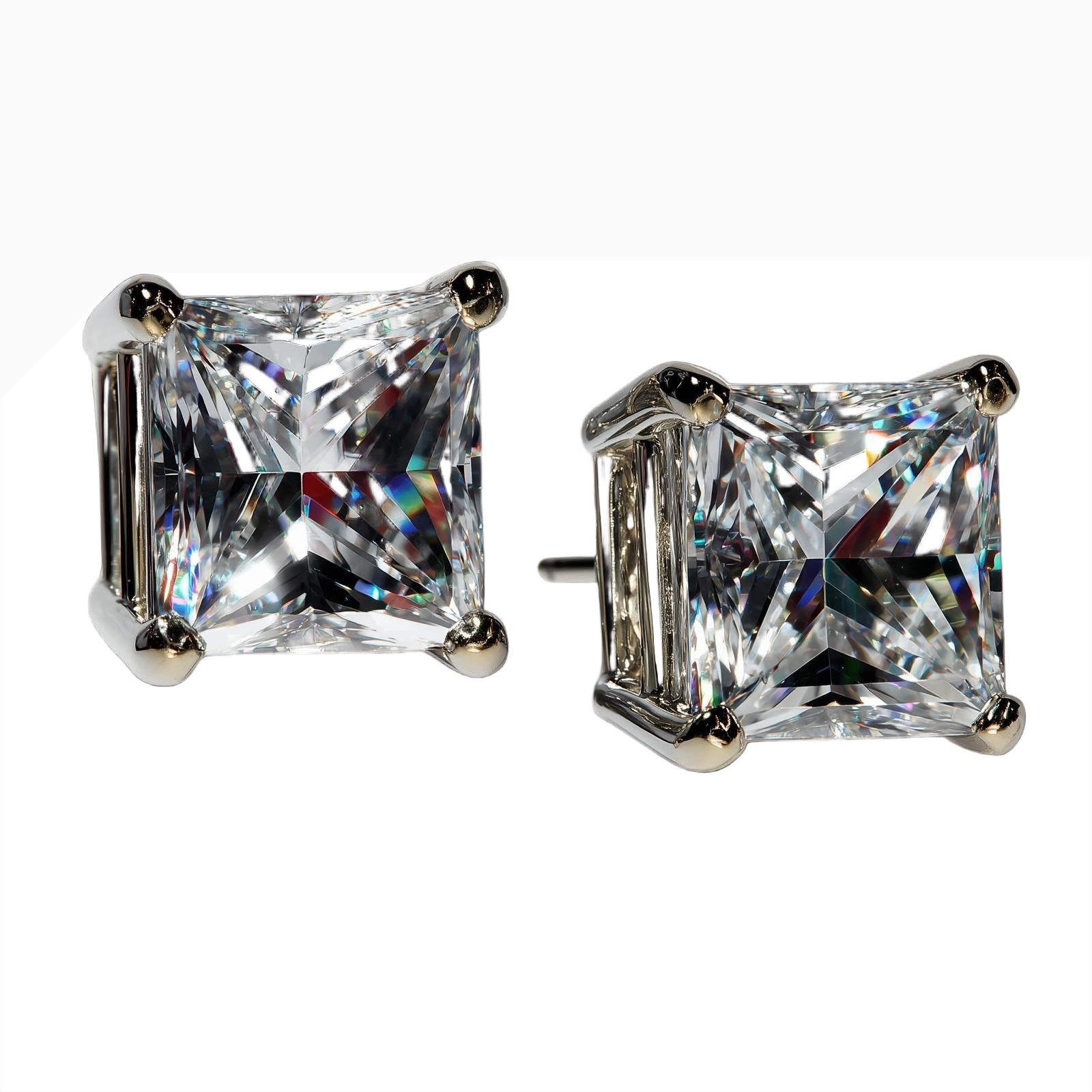 Pair of PRINCESS-cut stud earrings on a white background