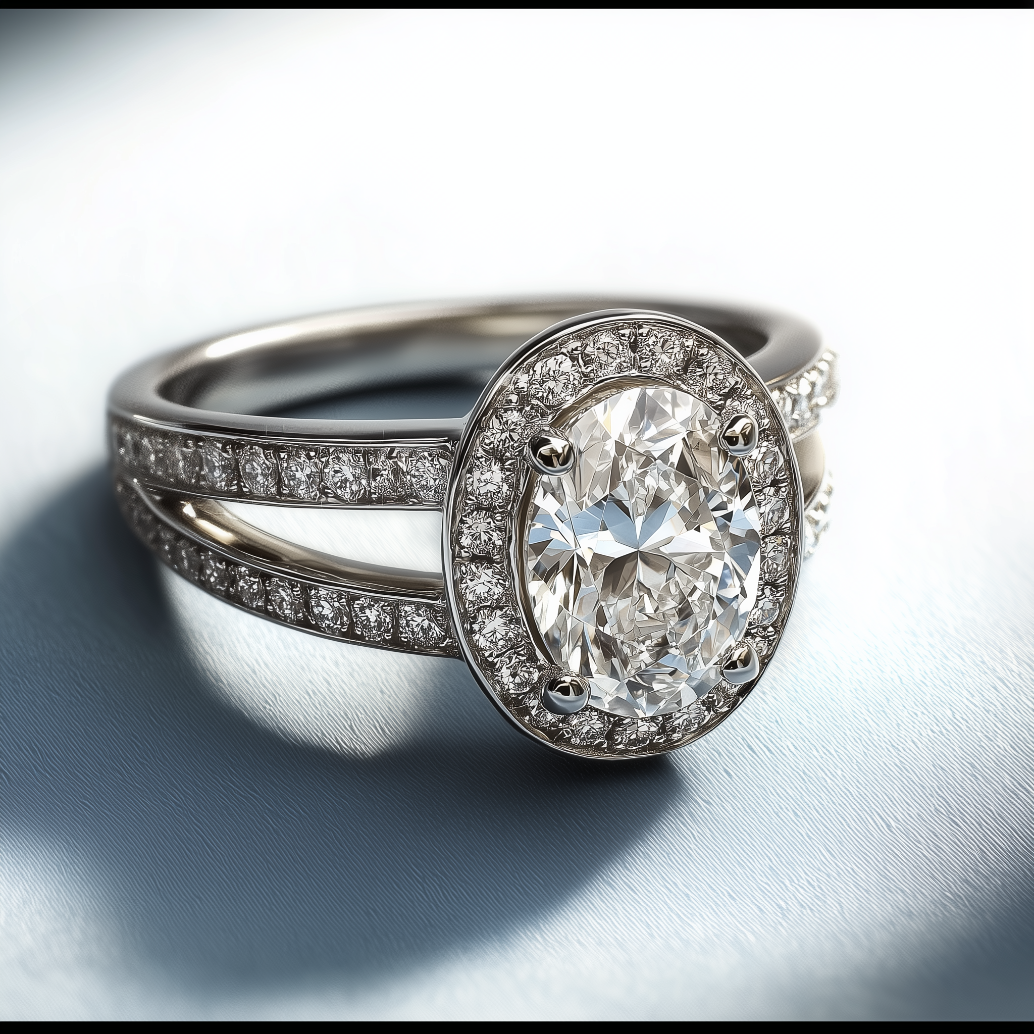 Diamond ring with a large central gemstone and smaller stones on a reflective surface