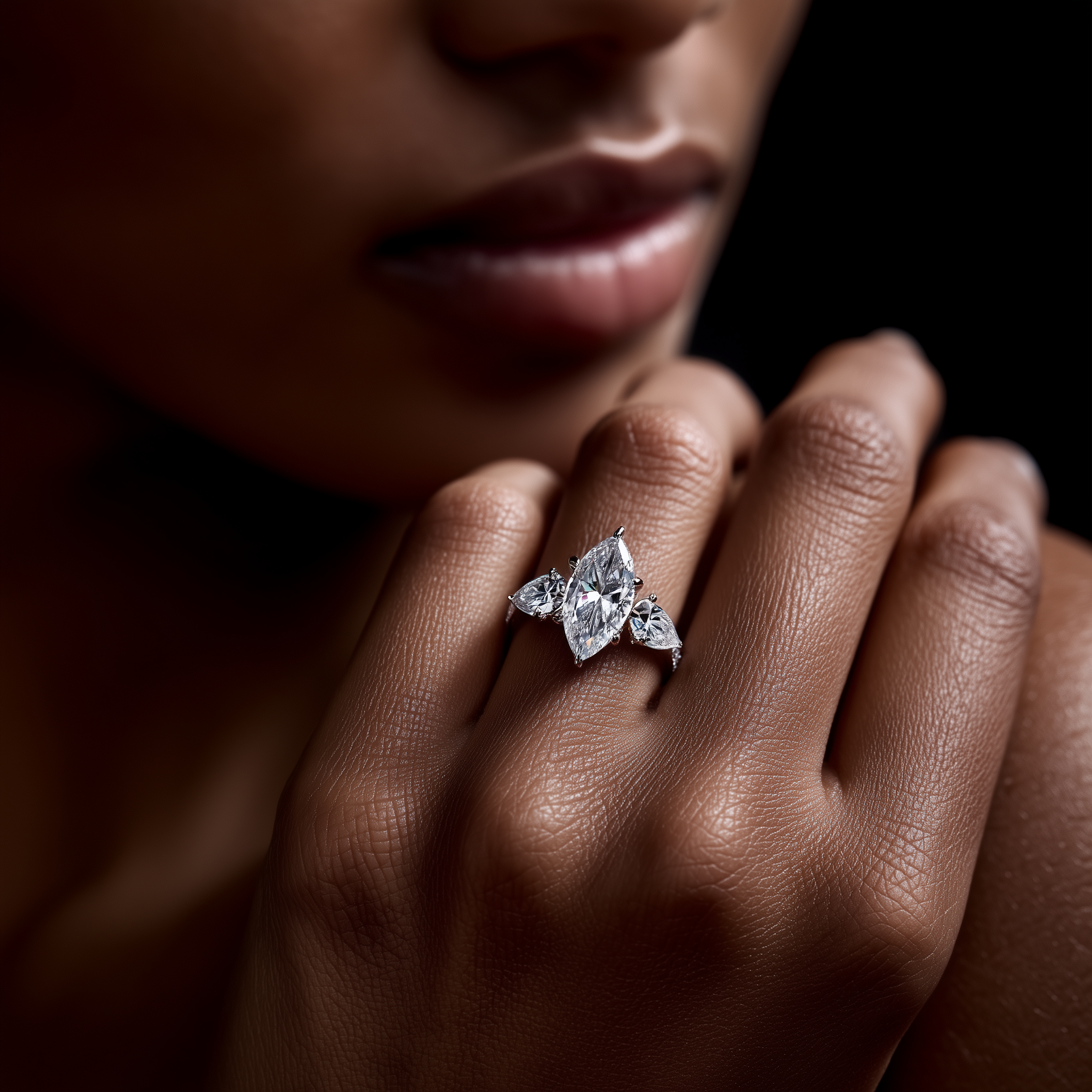 "Camille marquise diamond ring with pear-shaped side stones on model
