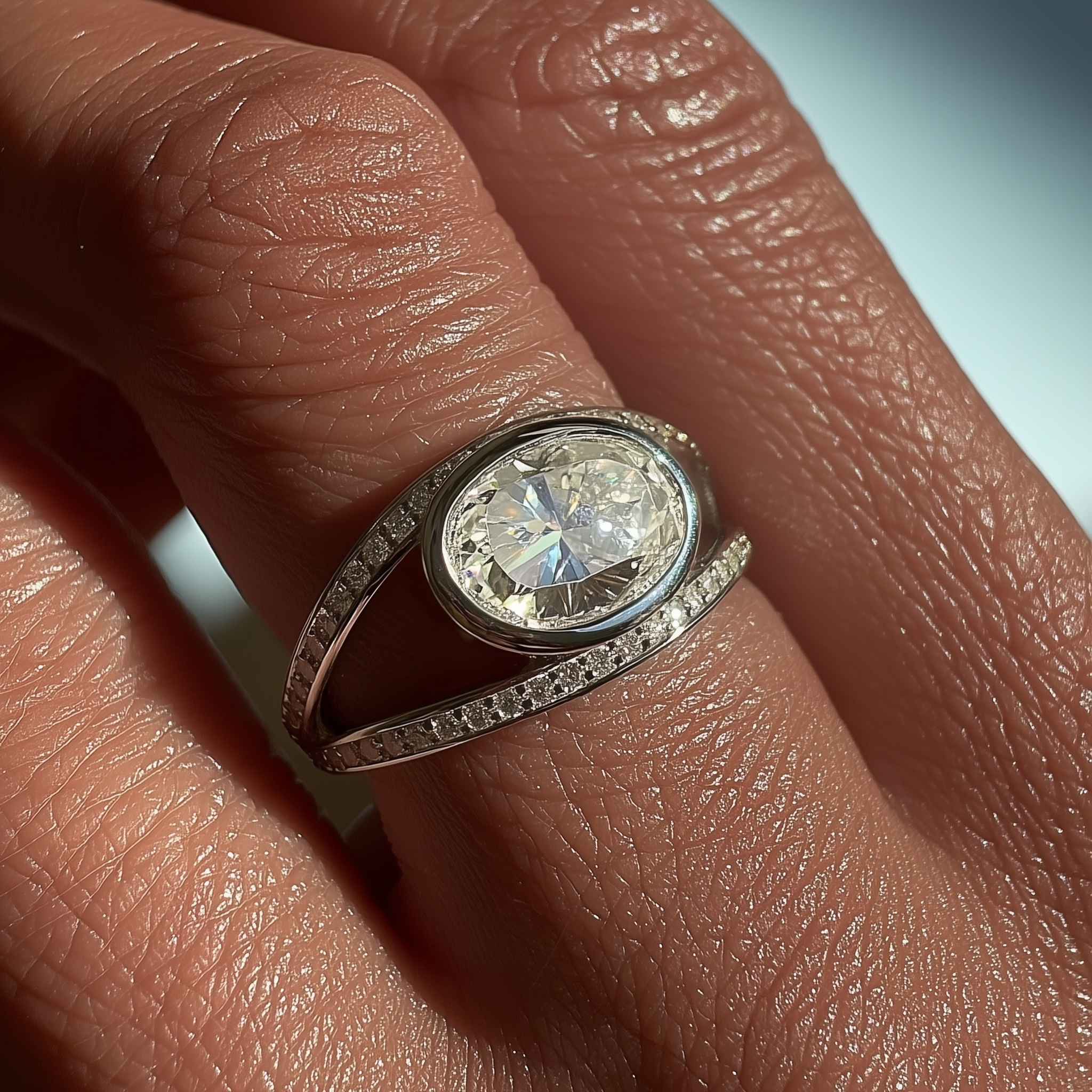 "Layla oval diamond ring bezel setting east-west pavé band 18K gold"
