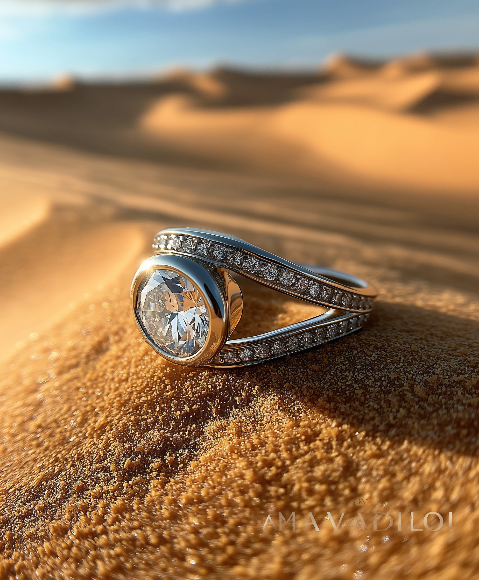"Layla bezel-set oval diamond ring with pavé constellation band"
