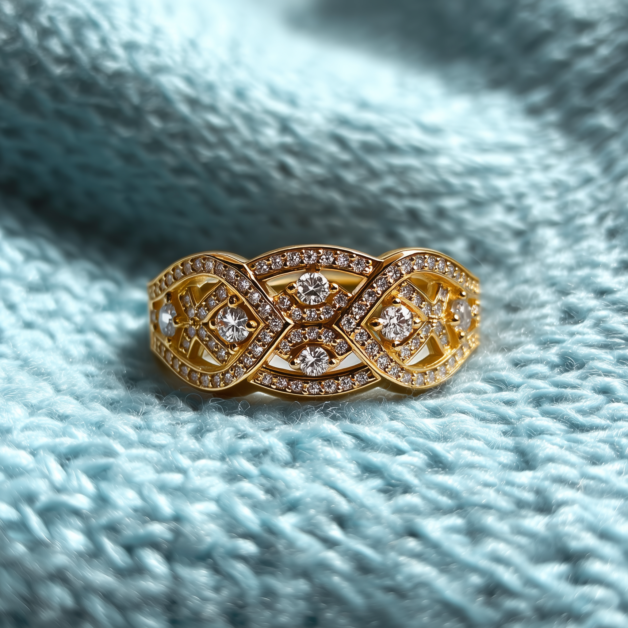 Gold ring with diamond accents on a textured blue surface