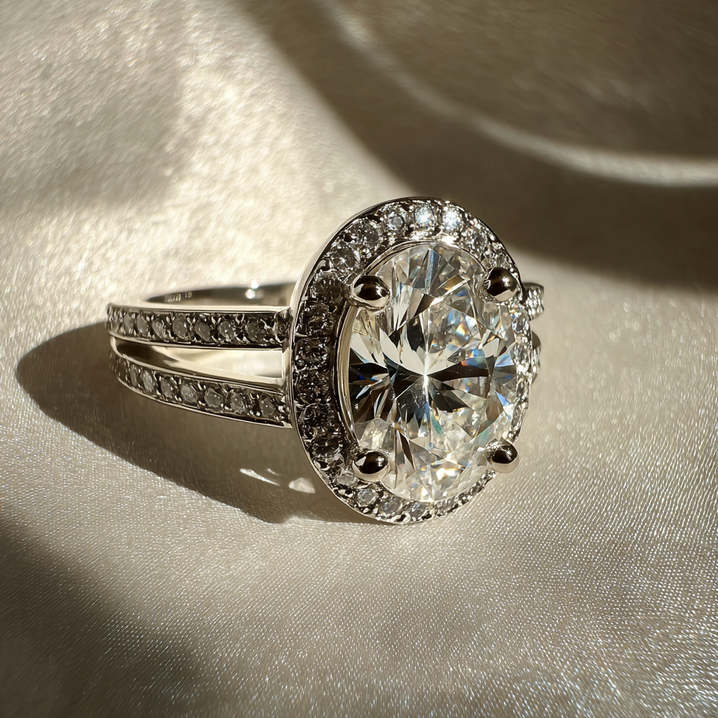 Silver ring with a large diamond and smaller diamonds on a beige fabric background