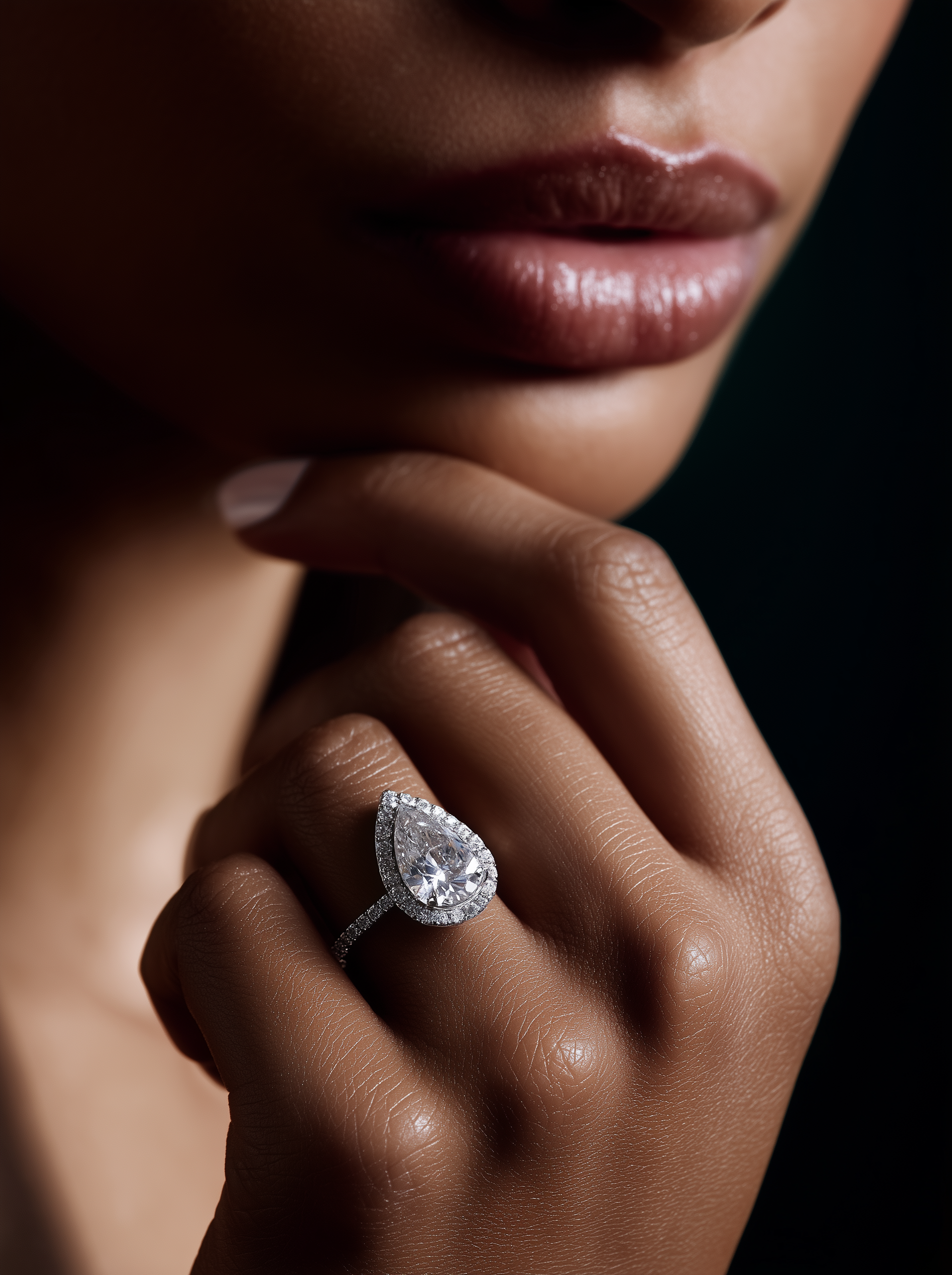 Sami pear diamond ring with round diamond halo ON MODEL 